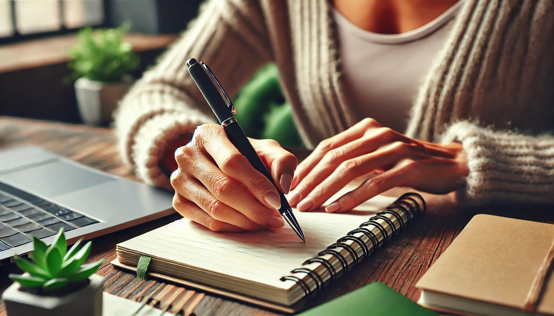 DALL·E_2024-09-07_10.48.08_-_Photorealistic_image_showing_the_hands_of_a_woman__aged_over_35__writing_in_a_spiral_notebook_with_a_pen._